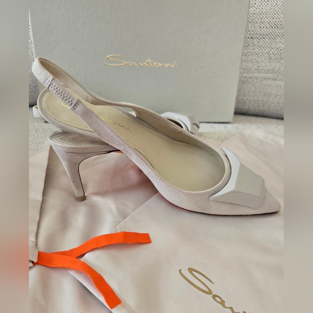SANTONI SIZE 37 Made In Italy🌍 3"/8cm Heels Women's Silver Slingback Shoes - Picture 10 of 13